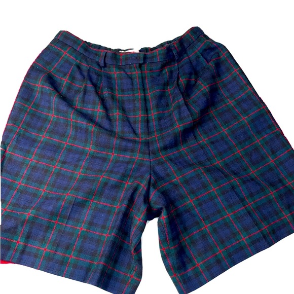 90s Pendleton blue green PLAID pleated wool SHORTS, size 18 Lined Argyle Tartan - Picture 1 of 16